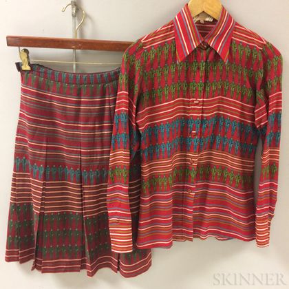 Vintage Gucci Red Patterned Silk Shirt with Matching Skirt