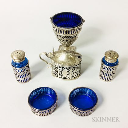 Six Pieces of Sterling Silver and Cobalt Glass Tableware