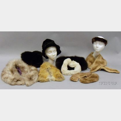 Four Vintage Fox and Mink Collars, Two Black Mink Muffs, Two Fur Headbands, and a Black Shaved Wool Trilby