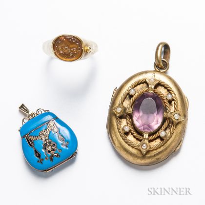 14kt Gold and Enamel Locket Purse Locket, an 14kt Gold Intaglio Ring, and a Low-karat Gold and Amethyst Locket