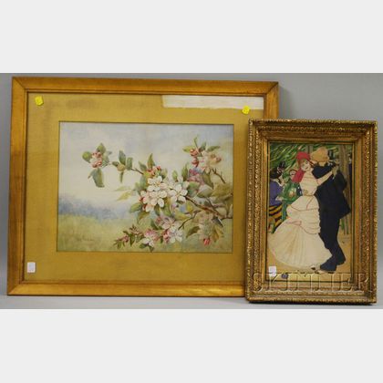 Two Framed 19th/20th Century Floral Embroidered Panels, a Framed Needlework Panel After Renoir, and a Framed Watercolor of Apple Blo...