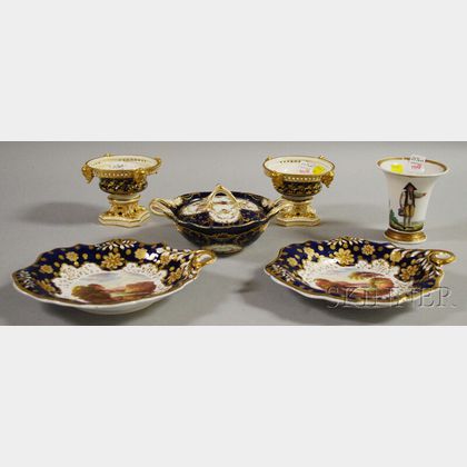 Five English Gilt, Cobalt, and Hand-painted Porcelain Table Items