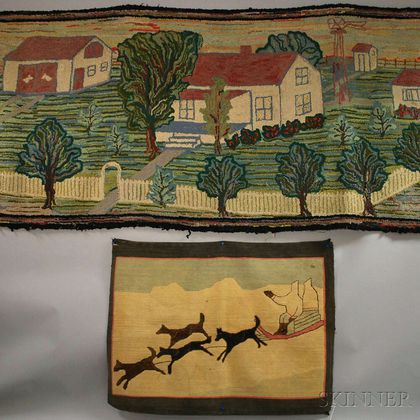 Landscape with Farm View Pictorial Hooked Rug and Grenfell Mat Depicting a Dog Sled
