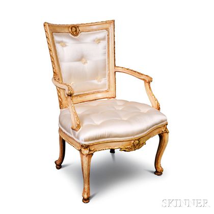 Louis XV-style Carved and Painted Upholstered Fauteuil