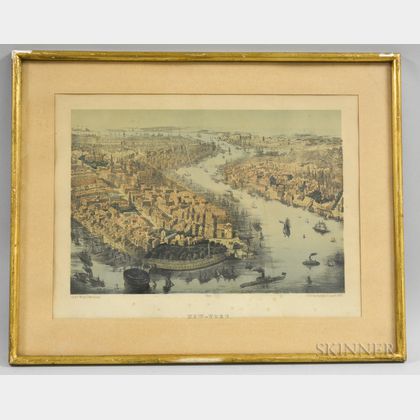 Framed German Franz Wentzel Hand-colored Lithograph of New York Harbor
