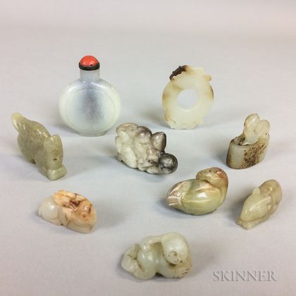 Eight Hardstone Carvings and a Hardstone Snuff Bottle