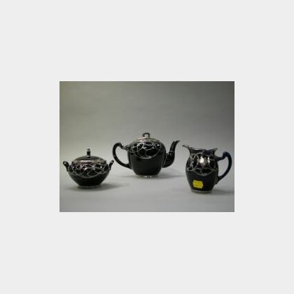 Three-Piece Lenox Silver Overlay Cobalt Glazed Porcelain Tea Set. 