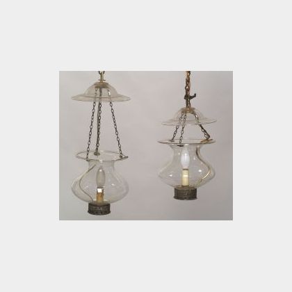 Pair of Colorless Free Blown Glass Suspension Lamps
