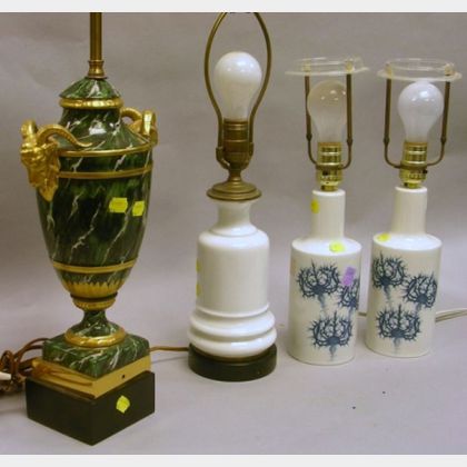 Pair of Royal Copenhagen Blue and White Porcelain Lamps, a Porcelain Table Lamp, and a French-style Gilt and Fa... 