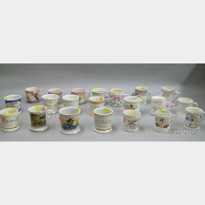 Collection of Twenty-one Late Victorian Porcelain Shaving Mugs, Moustache Cups, and Mugs