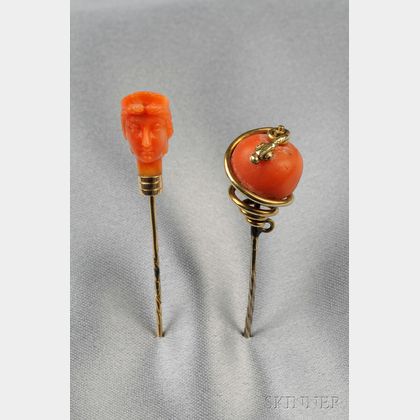 Two Antique Gold and Coral Stickpins