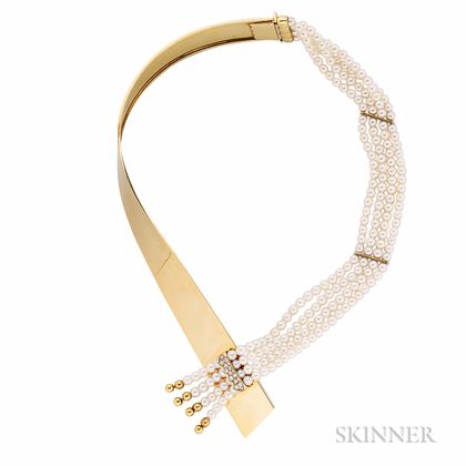 18kt Gold, Cultured Pearl, and Diamond Necklace, Gemma Gioielli