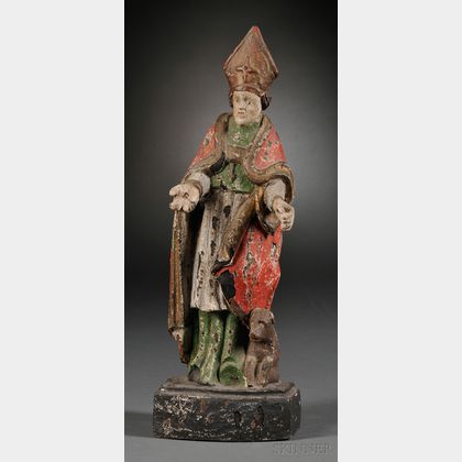 Carved and Polychrome Wood Figure of a Bishop