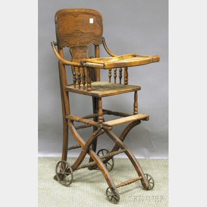 Late Victorian Pressed Oak Convertible High Chair. 