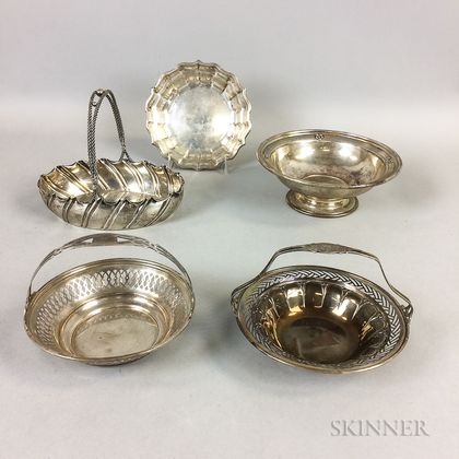 Four Sterling Silver Dishes and a German .800 Silver Handled Basket