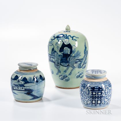 Three Blue and White Covered Jars