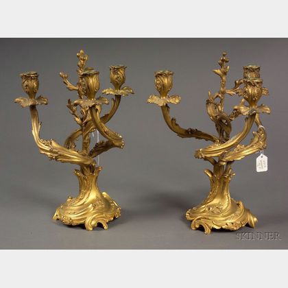 Pair of Louis XV-style Bronze Dore Three Light Candelabra