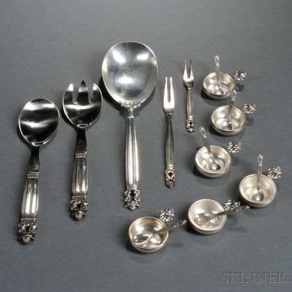 Five Georg Jensen Acorn Pattern Serving Pieces and Six Salts with Spoons 