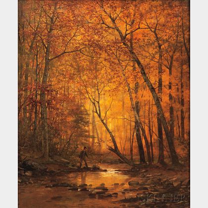 John Adams Parker (American, 1837-1900) Wayfarer by a Stream, Autumn
