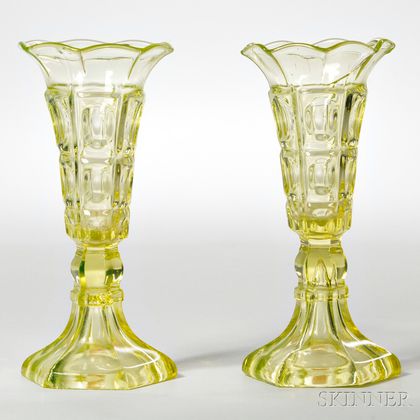 Pair of Canary Yellow Pressed Glass Three-printie Block Pattern Vases