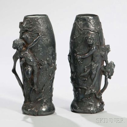 Pair of Art Nouveau Patinated Metal Vases