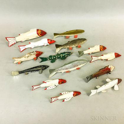 Fourteen Painted Wood and Metal Fish Decoys