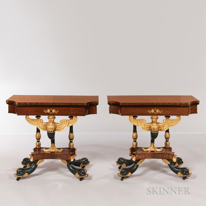 Important Pair of Classical Rosewood, Gilt-gesso, and Vert Antique Brass-inlaid Card Tables