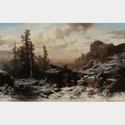 August Richard Zimmermann (German, 1820-1875) A Mill in a Mountainous Winter Landscape