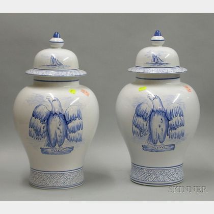 Pair of French Hand-painted Blue and White "John Hancock" and American Eagle Decorated Faience Urns with Covers