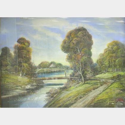 Framed 20th Century American School Pastel on Paper Landscape with Fisherman