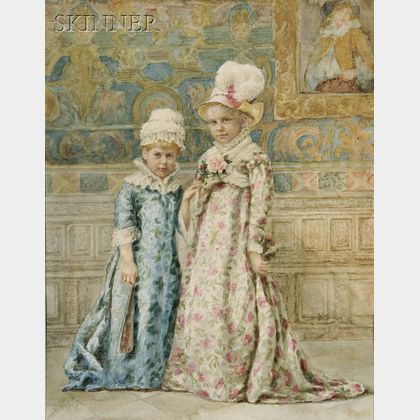 Continental School, 19th Century Two Girls in Elaborate Dresses in an Interior