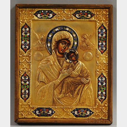 Enameled Gilt-metal Mounted Painted Wood Madonna and Child Icon