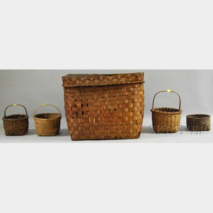 Large Covered Woven Splint Basket and Four Small Woven Splint Open Baskets