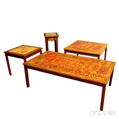 Three Danish Modern Tile-top Tables and a Plant Stand