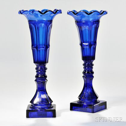 Pair of Cobalt-blue Pressed Glass Bigler Pattern Vases