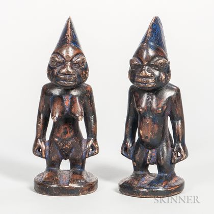 Pair of Yoruba-style Carved Wood Male and Female Dolls