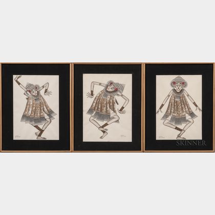 Three Paintings Depicting Tari Baris Dancers
