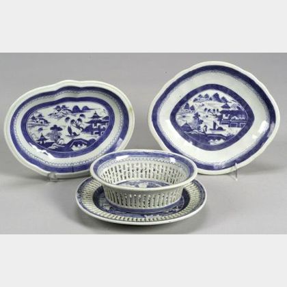 Two Canton Porcelain Shaped Dishes, a Reticulated Fruit Bowl, and an Undertray