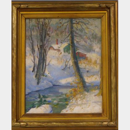 Framed 20th Century American School Oil on Masonite Winter Landscape with House