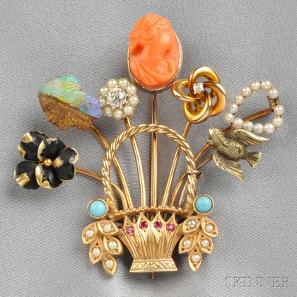 Gold Gem-Set Stickpin Brooch