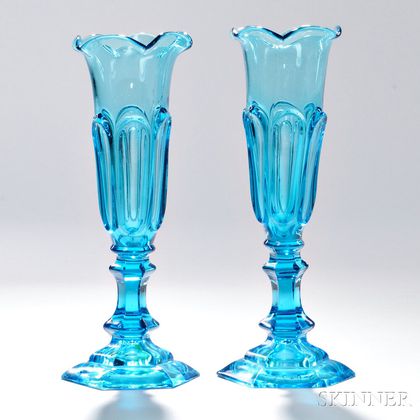 Pair of Light Blue Pressed Glass Loop Pattern Vases