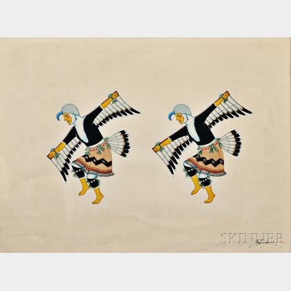 Awa Tsireh (San Ildefonso Pueblo, 1898-1955) Framed Painting of Two Eagle Dancers