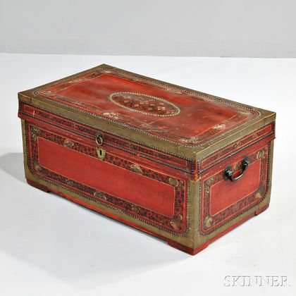 Brass-bound, Paint-decorated Leather and Camphorwood Box