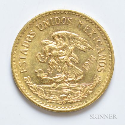1918 Mexican 20 Pesos Gold Coin, KM478.