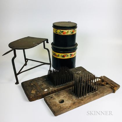 Two Hetchels, a Kettle Stand, and Two Tin Canisters. Estimate $200-400