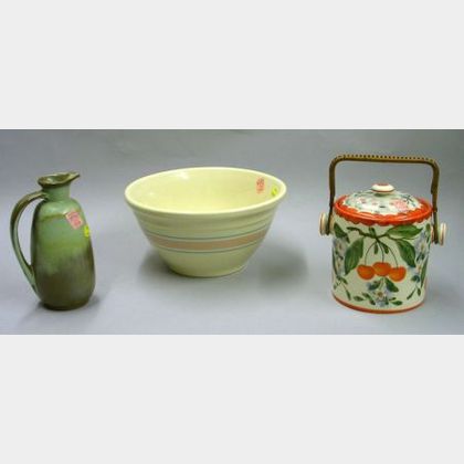McCoy Pottery Mixing Bowl, a Frankoma Pottery Pitcher, and a Czech Erphila Stenciled and Hand-painted Porcelain Biscuit Jar. 