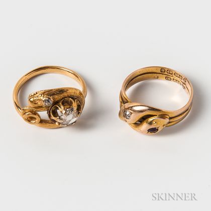 Two Gold Gem-set Snake Rings
