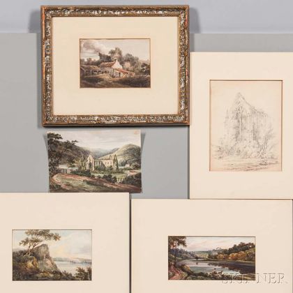British School, 18th/19th Century, Five Works on Paper: Four Watercolor Landscapes: Shepherd and Flock on a Bluff, Two Figures on a Riv