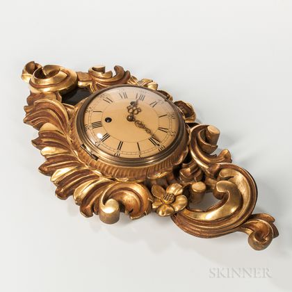 Rococo-style Giltwood Carved Cartel Clock