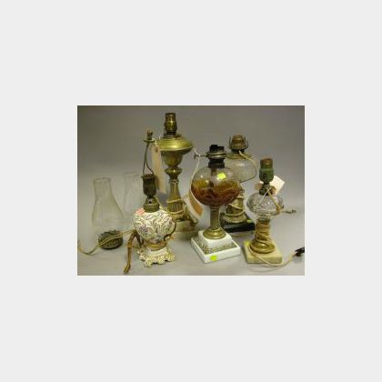 Five 19th Century Glass, Porcelain and Brass Table Lamps